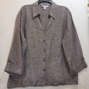JM Collection Linen Button Down‎ Top 3/4 Sleeve Collared Blouse Brown 18